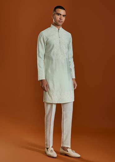Pista Green Mens Kurta Set With Thread Work