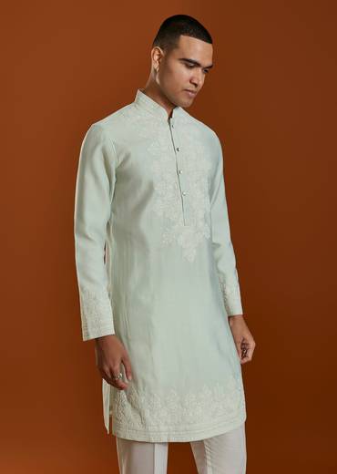 Pista Green Mens Kurta Set With Thread Work