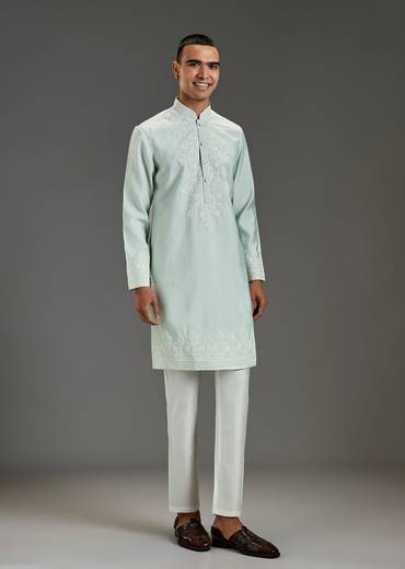 Pista Green Mens Kurta Set With Thread Work