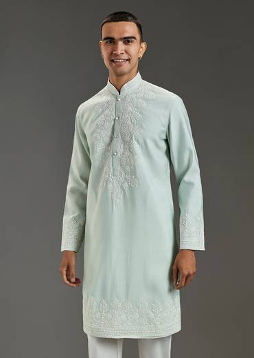Pista Green Mens Kurta Set With Thread Work