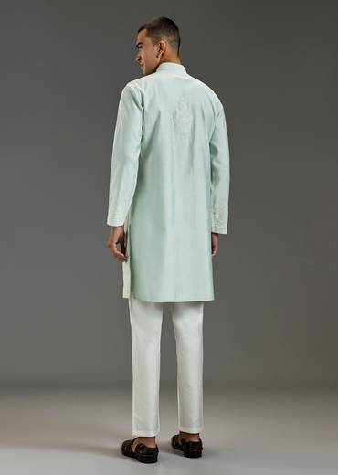 Pista Green Mens Kurta Set With Thread Work