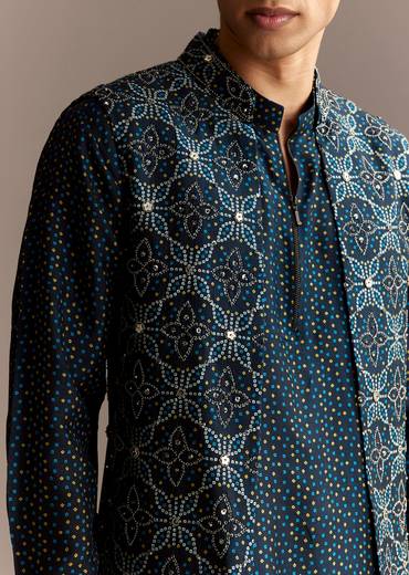 Artisan Couple Set – Indigo Modal Bridesmaid Lehenga With Ajrakh Print For Her And Blue Mirror Work Jacket Set For Him