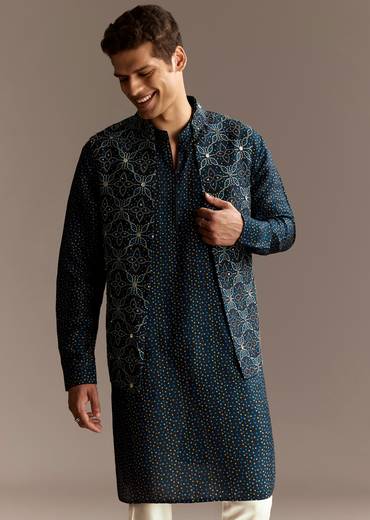 Artisan Couple Set – Indigo Modal Bridesmaid Lehenga With Ajrakh Print For Her And Blue Mirror Work Jacket Set For Him