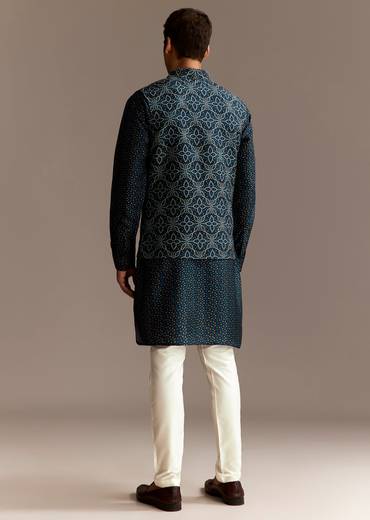 Artisan Couple Set – Indigo Modal Bridesmaid Lehenga With Ajrakh Print For Her And Blue Mirror Work Jacket Set For Him