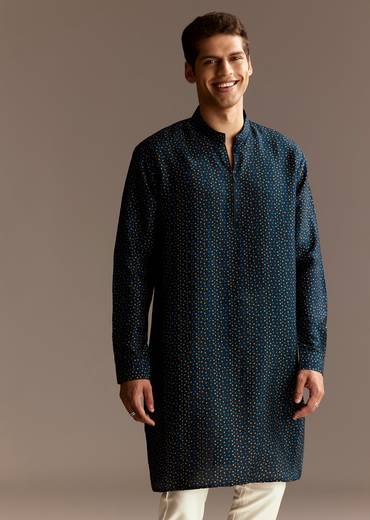 Artisan Couple Set – Indigo Modal Bridesmaid Lehenga With Ajrakh Print For Her And Blue Mirror Work Jacket Set For Him