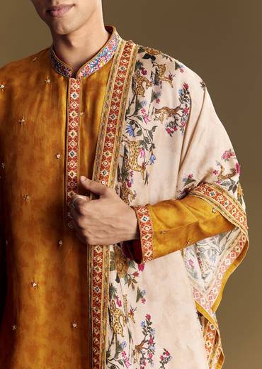 Royal Wedding Couple Set – Mustard Banarasi Silk Saree For Her And Yellow Kurta Set For Him