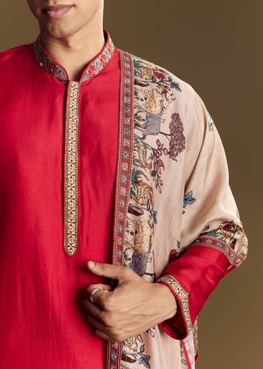 Classic Contrast Ceremony Couple Set – Off-White Khaddi Georgette Saree with Red Border for Her And Red Kurta Set for Him