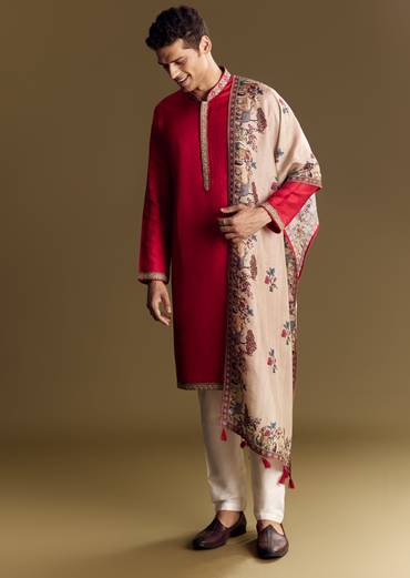 Classic Contrast Ceremony Couple Set – Off-White Khaddi Georgette Saree with Red Border for Her And Red Kurta Set for Him