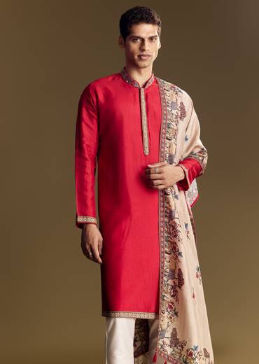 Classic Contrast Ceremony Couple Set – Off-White Khaddi Georgette Saree with Red Border for Her And Red Kurta Set for Him