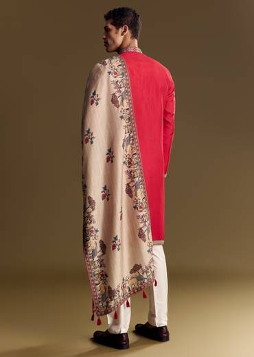 Classic Contrast Ceremony Couple Set – Off-White Khaddi Georgette Saree with Red Border for Her And Red Kurta Set for Him