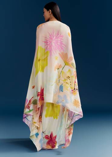 Floral Festive Couple Set – Cream Crop Top Skirt Set With Embroidered Cape For Her And Off-White Palazzo Kurta Set For Him