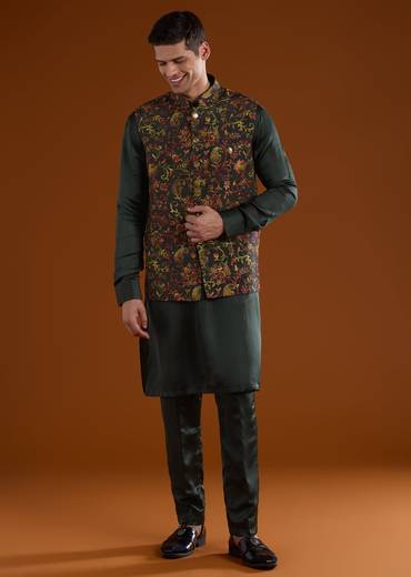 Deep Green Pair – Floral Lehenga For Her And Jacket Kurta Set For Him