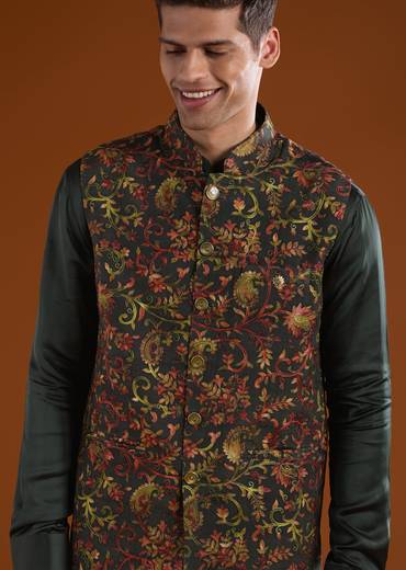 Deep Green Pair – Floral Lehenga For Her And Jacket Kurta Set For Him