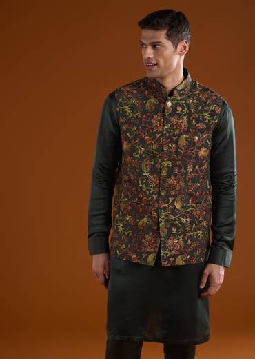 Deep Green Pair – Floral Lehenga For Her And Jacket Kurta Set For Him