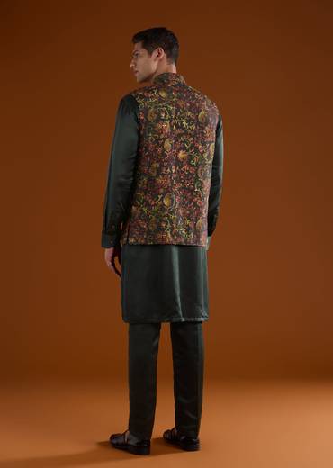 Deep Green Pair – Floral Lehenga For Her And Jacket Kurta Set For Him