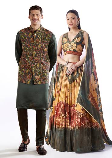 Deep Green Pair – Floral Lehenga For Her And Jacket Kurta Set For Him