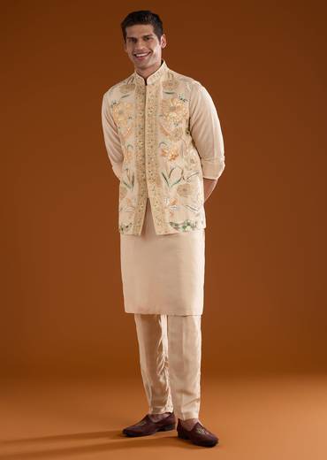 Gold Blush Duo – Banarasi Lehenga For Her And Jacket Kurta Set For Him
