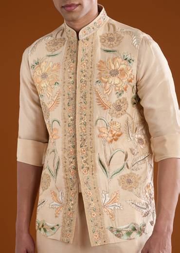Gold Blush Duo – Banarasi Lehenga For Her And Jacket Kurta Set For Him