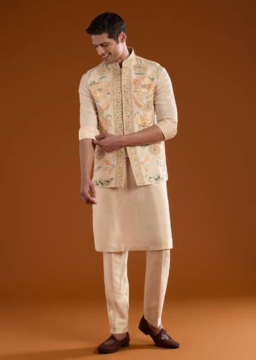 Gold Blush Duo – Banarasi Lehenga For Her And Jacket Kurta Set For Him
