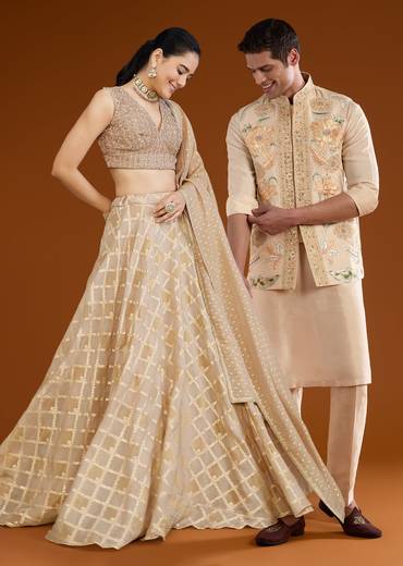 Gold Blush Duo – Banarasi Lehenga For Her And Jacket Kurta Set For Him