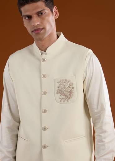 Elegant Wedding Couple Set – White Floral Heavy Embroidered Net Saree For Her And Off-White Embroidered Silk Kurta Jacket Set For Him