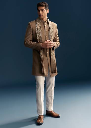 Brown Heritage Duo – Jacquard Tissue Saree For Her And Jacquard Indo Western Set For Him