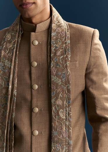 Brown Heritage Duo – Jacquard Tissue Saree For Her And Jacquard Indo Western Set For Him