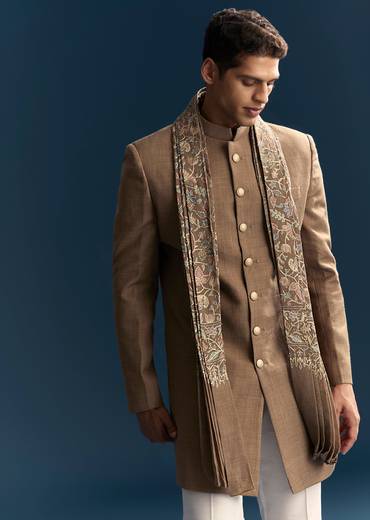 Brown Heritage Duo – Jacquard Tissue Saree For Her And Jacquard Indo Western Set For Him