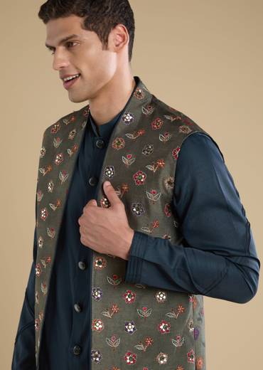 Midnight Zardosi Statement Couple Set – Navy Zardosi Kurta Sharara Set with Organza Dupatta for Her And Green Embellished Jacket Kurta Set for Him