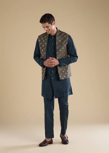 Midnight Zardosi Statement Couple Set – Navy Zardosi Kurta Sharara Set with Organza Dupatta for Her And Green Embellished Jacket Kurta Set for Him