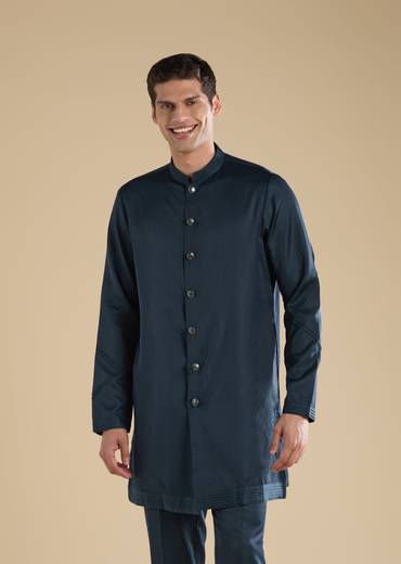 Midnight Zardosi Statement Couple Set – Navy Zardosi Kurta Sharara Set with Organza Dupatta for Her And Green Embellished Jacket Kurta Set for Him
