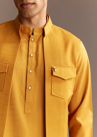 Sunshine Yellow Twin Ensemble – Crepe Sequin Kurta Set For Her And Yellow Kurta Jacket Set For Him