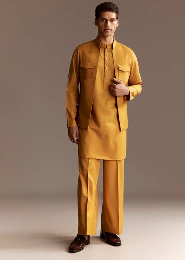 Sunshine Yellow Twin Ensemble – Crepe Sequin Kurta Set For Her And Yellow Kurta Jacket Set For Him