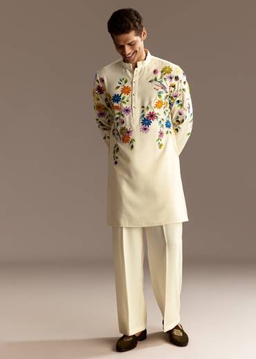 Floral Festive Couple Set – Cream Crop Top Skirt Set With Embroidered Cape For Her And Off-White Palazzo Kurta Set For Him