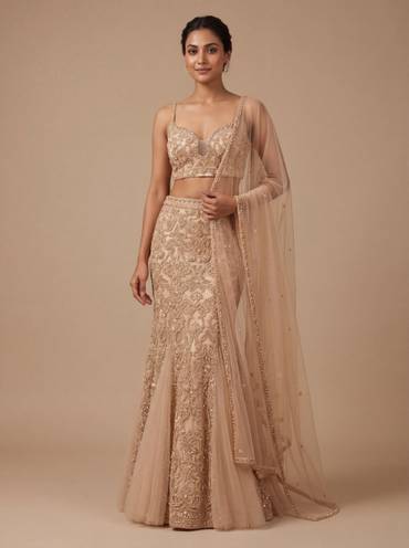 Gold Contemporary Bridal Lehenga With Embellished Crop Top Flare