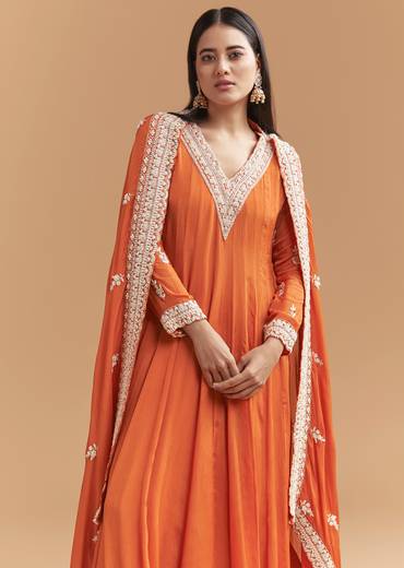 Vibrant Celebration Couple Set – Orange Chinon Hand-Embroidered Anarkali for Her And Orange Silk Kurta Jacket Set with Zardosi Work for Him