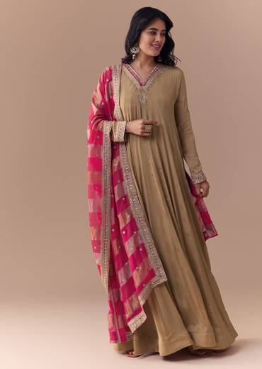 Gold Zardozi Embellished Chinon Anarkali with Dupatta