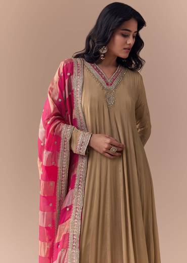 Gold Zardozi Embellished Chinon Anarkali with Dupatta