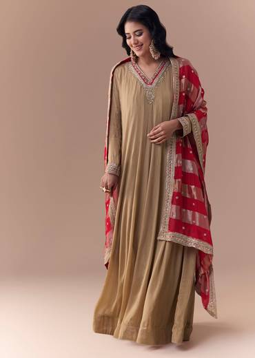 Gold Zardozi Embellished Anarkali with Dupatta