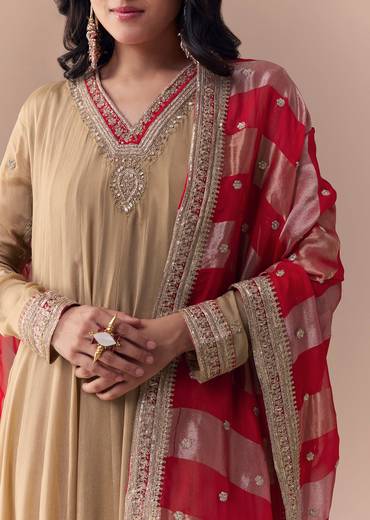 Gold Zardozi Embellished Anarkali with Dupatta