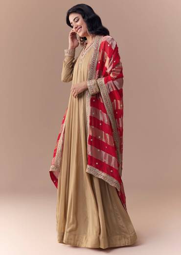 Gold Zardozi Embellished Anarkali with Dupatta