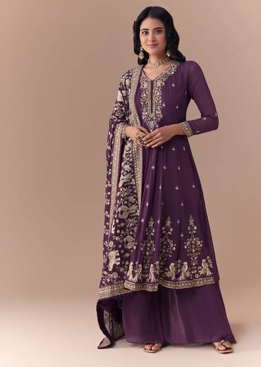 Purple Sequin Embellished Georgette Anarkali Set