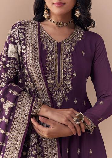 Purple Sequin Embellished Georgette Anarkali Set