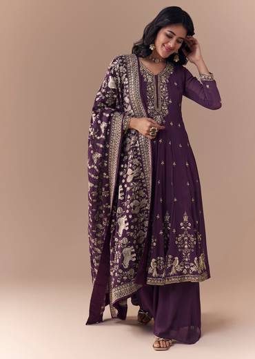 Purple Sequin Embellished Georgette Anarkali Set
