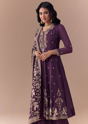Purple Sequin Embellished Georgette Anarkali Set