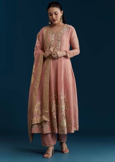 Rose Pink Grand Pairing – Tissue Anarkali With Zardozi Work For Her And Onion Pink Resham Embroidered Linen Kurta For Him