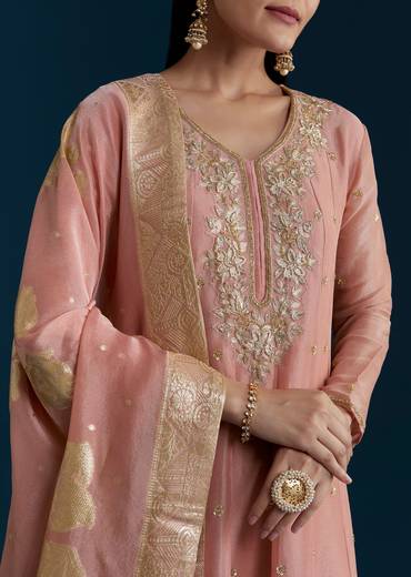 Rose Pink Grand Pairing – Tissue Anarkali With Zardozi Work For Her And Onion Pink Resham Embroidered Linen Kurta For Him