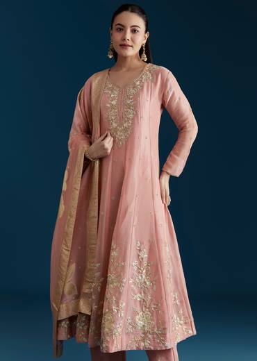 Rose Pink Grand Pairing – Tissue Anarkali With Zardozi Work For Her And Onion Pink Resham Embroidered Linen Kurta For Him
