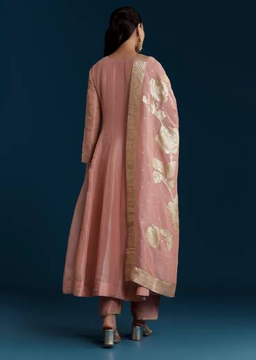 Rose Pink Grand Pairing – Tissue Anarkali With Zardozi Work For Her And Onion Pink Resham Embroidered Linen Kurta For Him