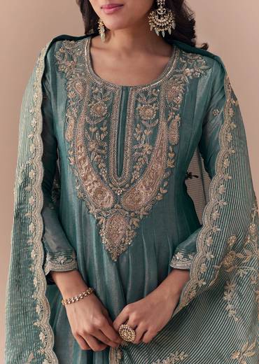 Sea Green Zardozi Anarkali with Dupatta